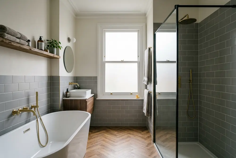 Newly fitted bathroom with walk-in shower and freestanding bath in a Warwick terraced house