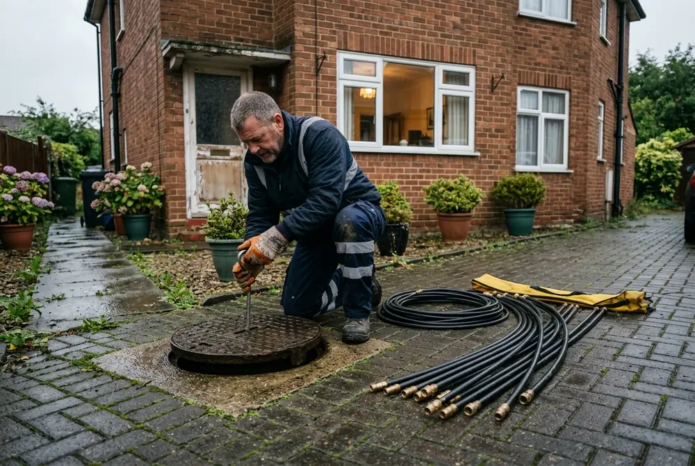 Drain cover lifted with drain rods ready on the drive