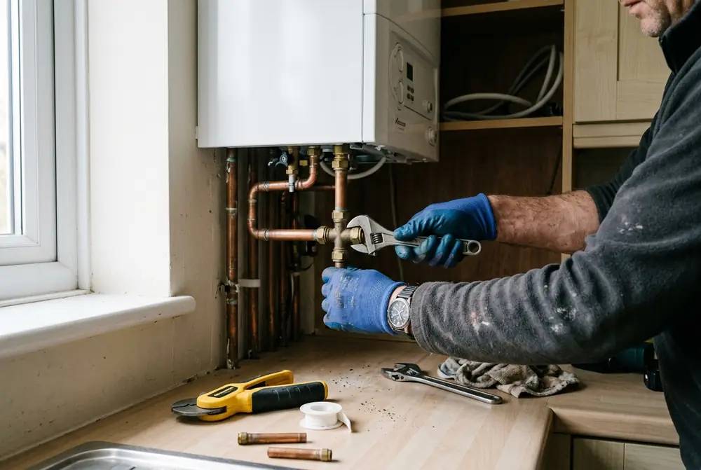 Copper pipework being fitted beneath a new combi boiler