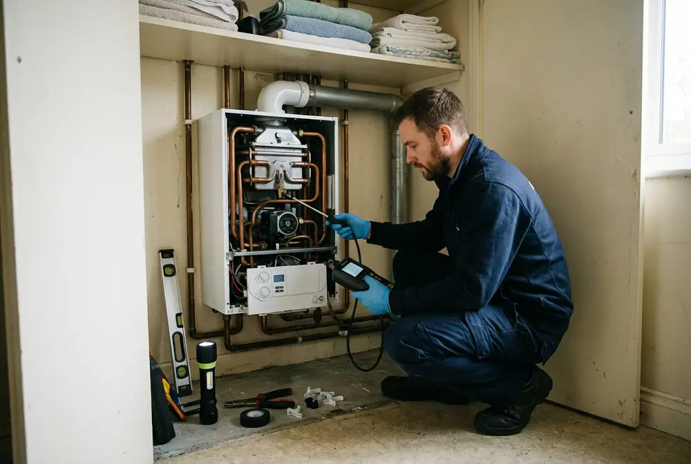 Engineer testing an open boiler with a flue gas analyser