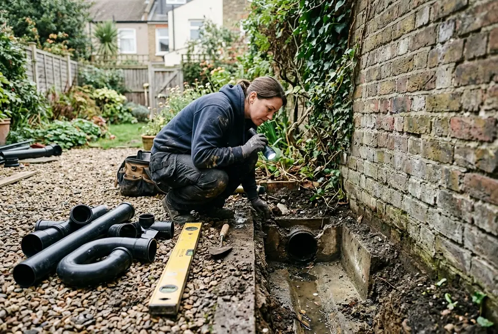 Inspecting an open external gully drain with new drain sections ready