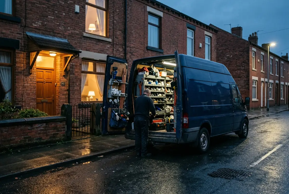 Plumber's van outside a Warwick house at dusk with rear doors open