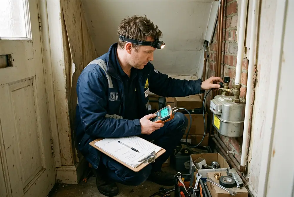 Gas engineer testing a meter with a digital manometer
