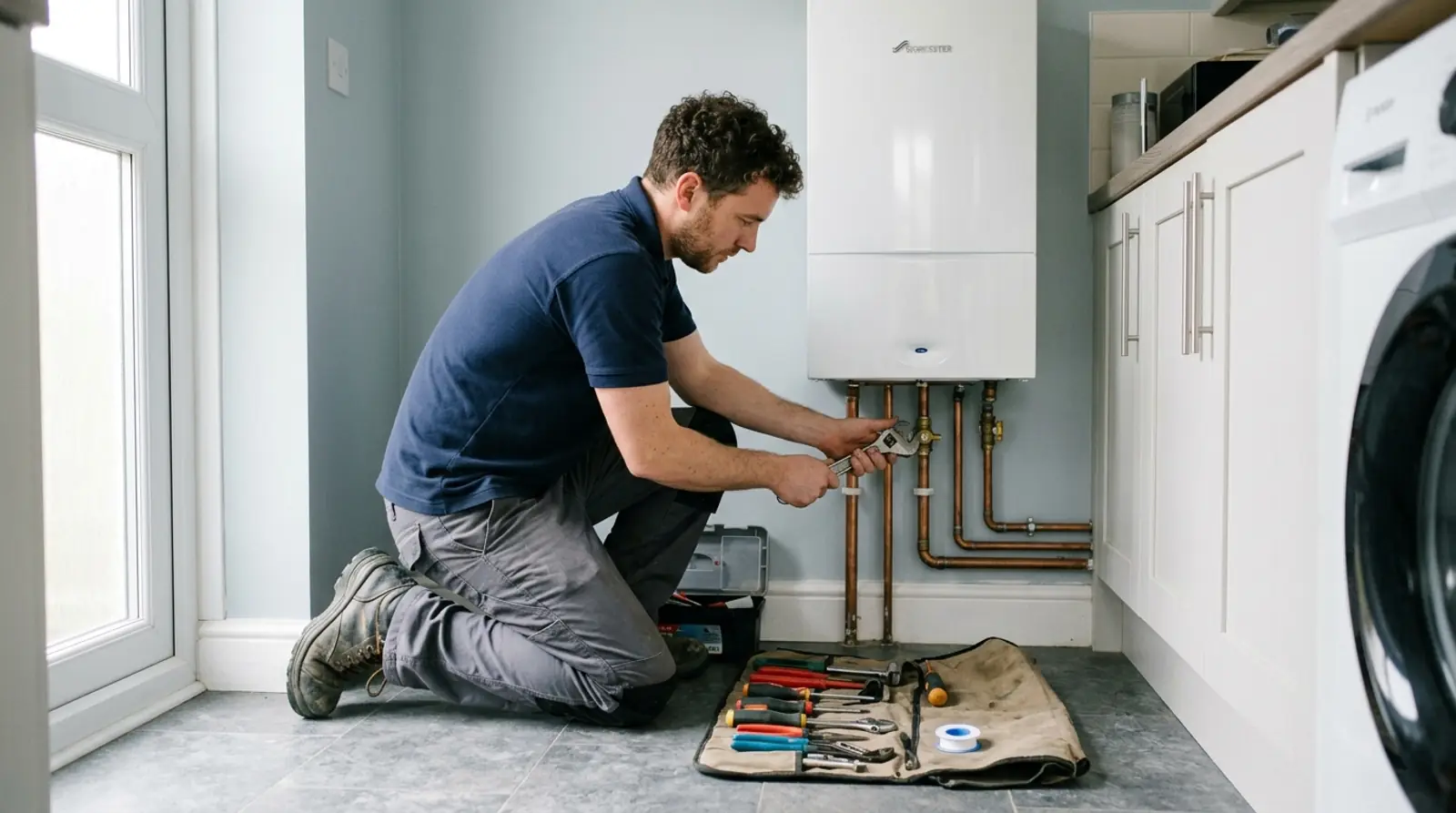 Plumber adjusting an isolation valve beside a combi boiler in a Warwick home