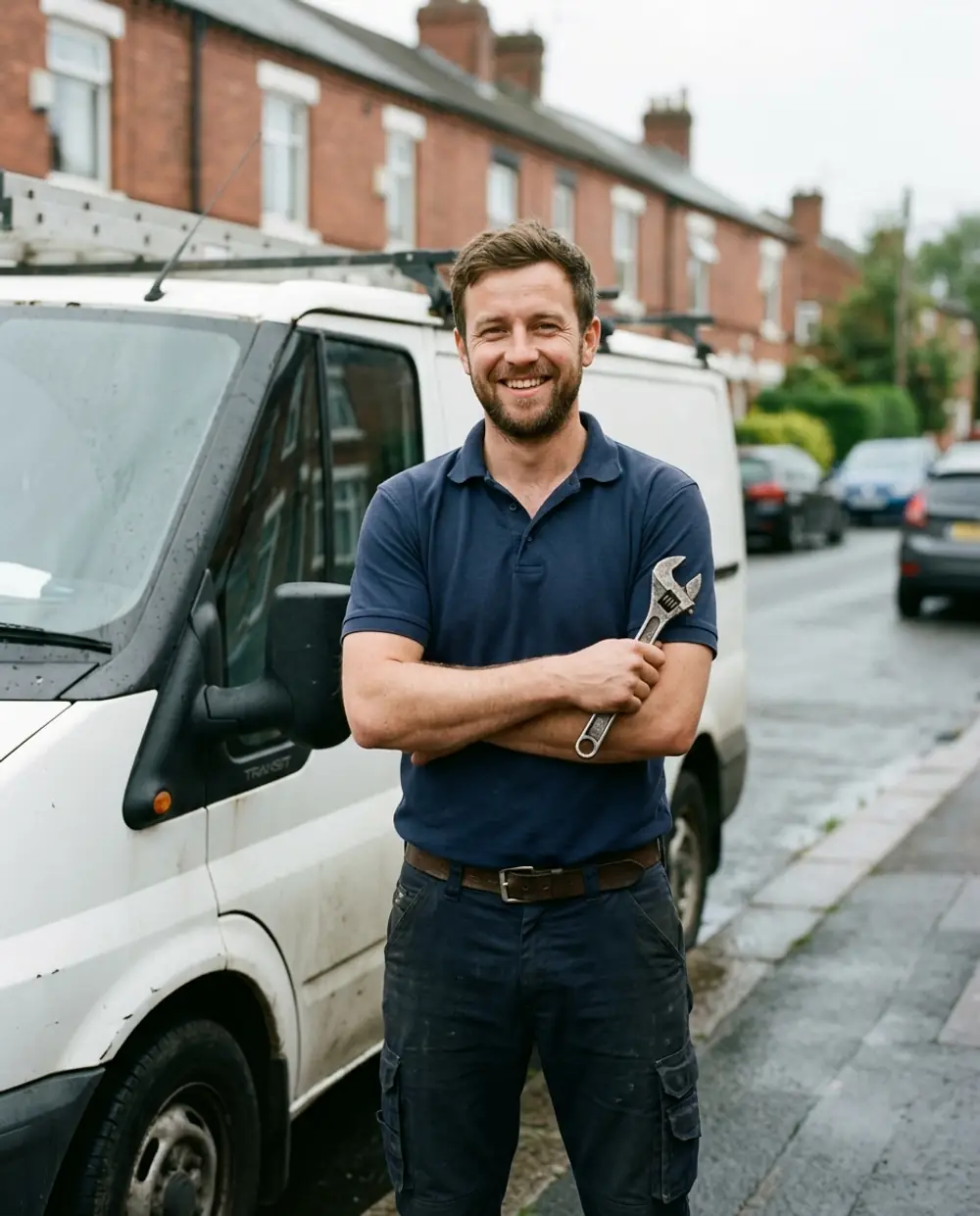 A plumber standing by his van with a spanner in hand