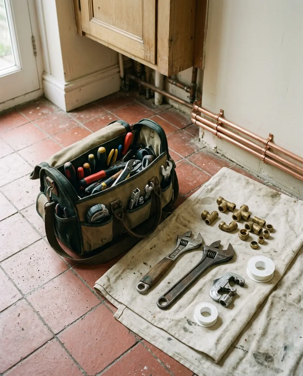 Plumber's tool bag, spanners and brass fittings laid out beside new copper pipework