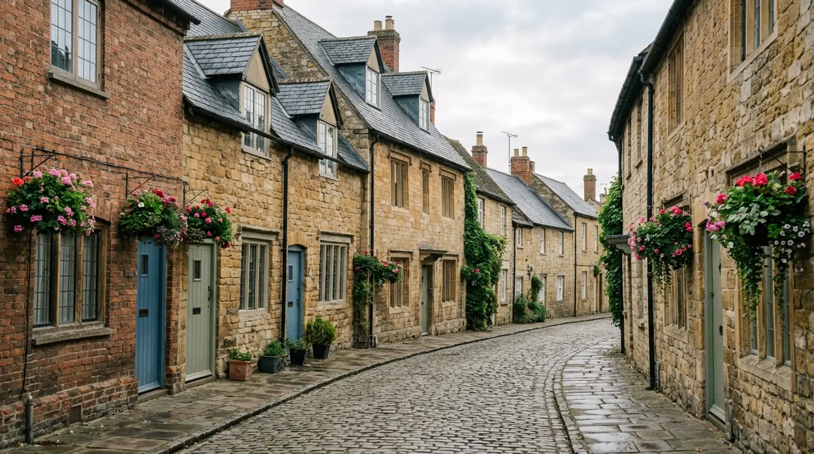 Period townhouses on a quiet Warwickshire street in morning light