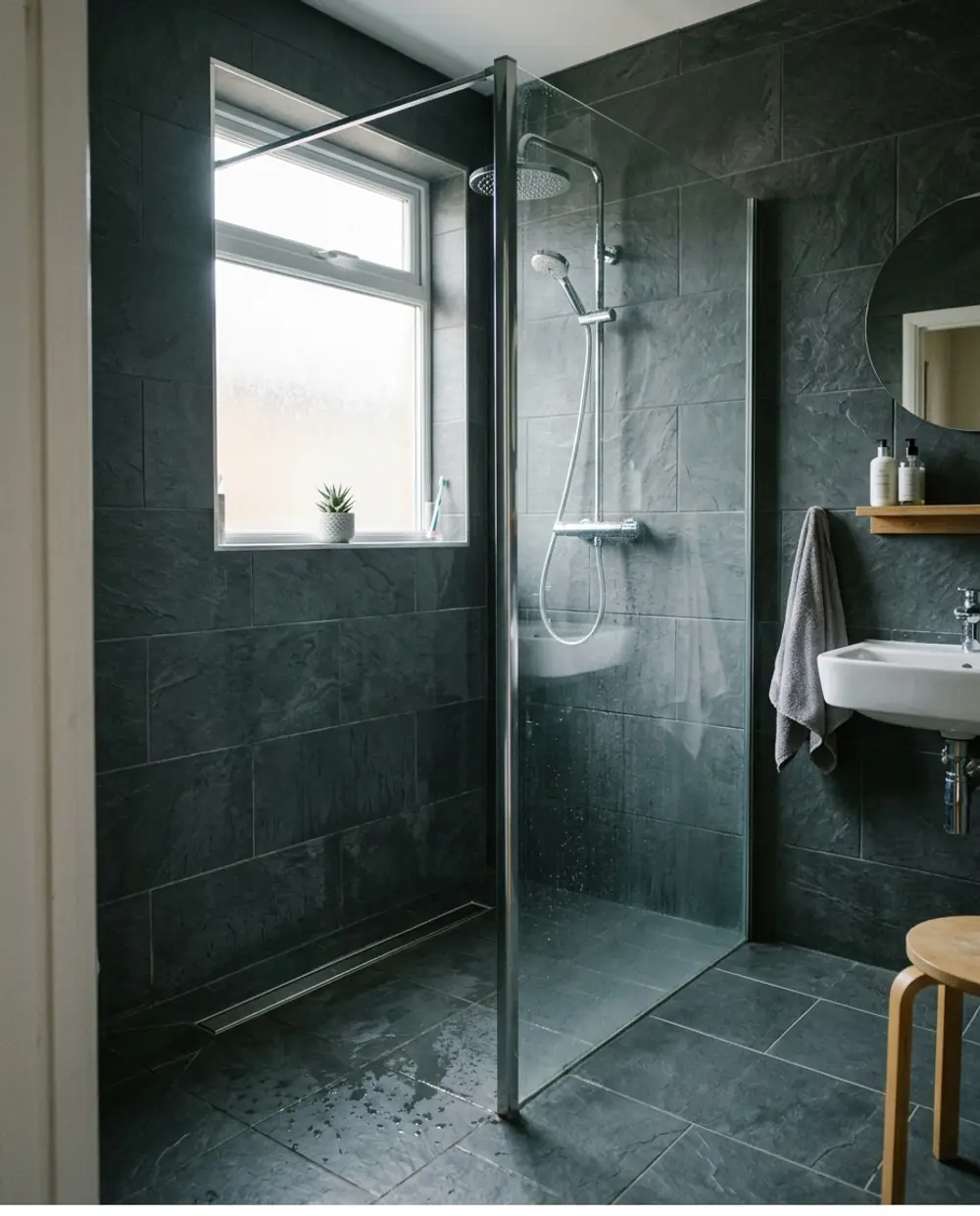 Compact tiled wet room with rainfall shower and linear drain
